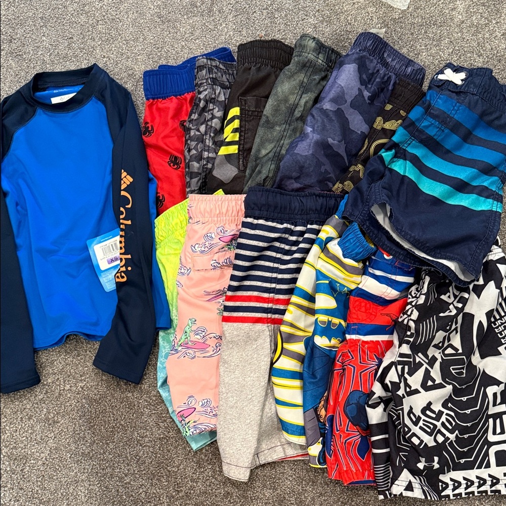 Bundle of 13 boys bathing suits and 1 rash guard